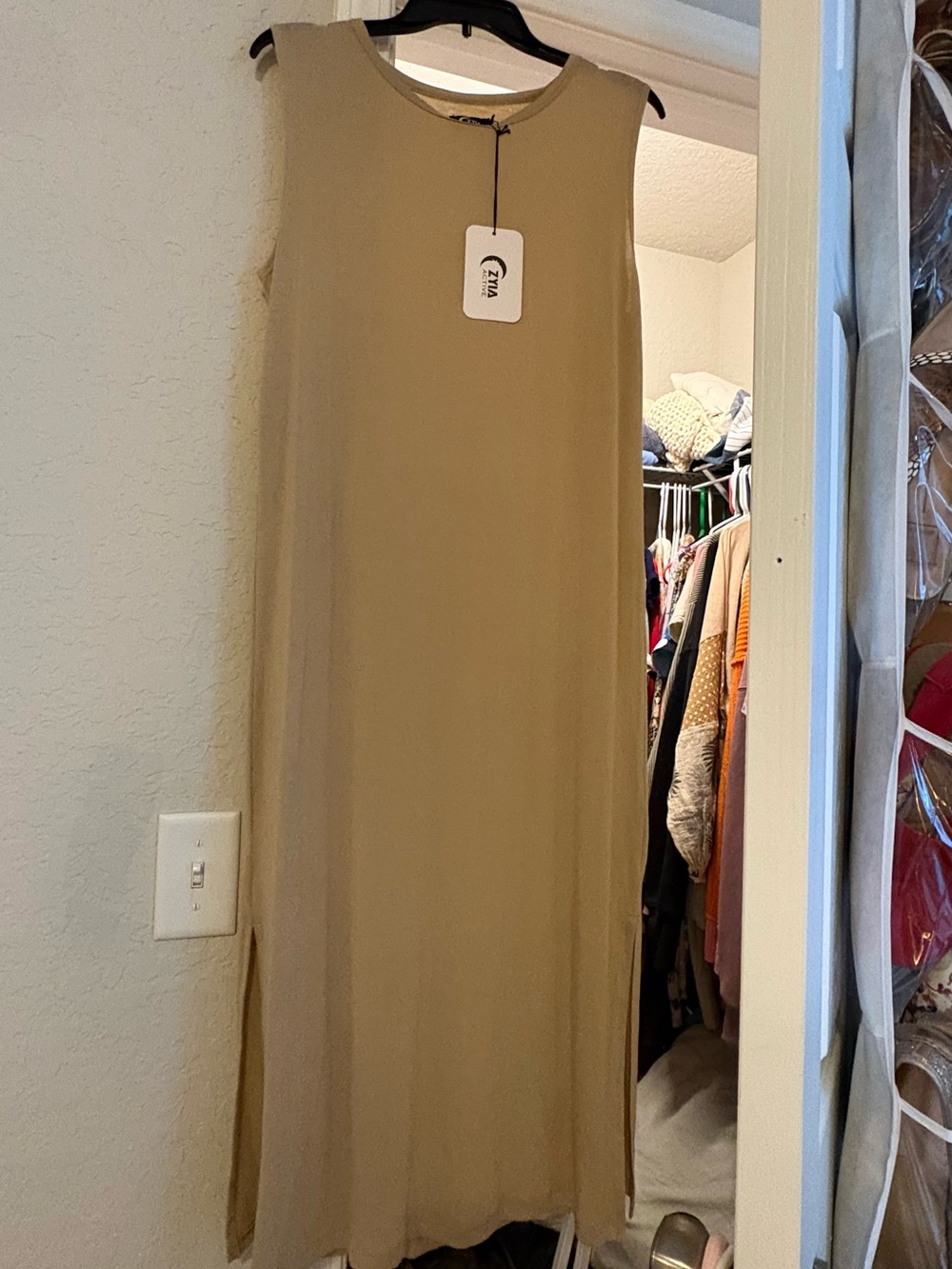 Sleeveless Long Shift Dress in light tan
